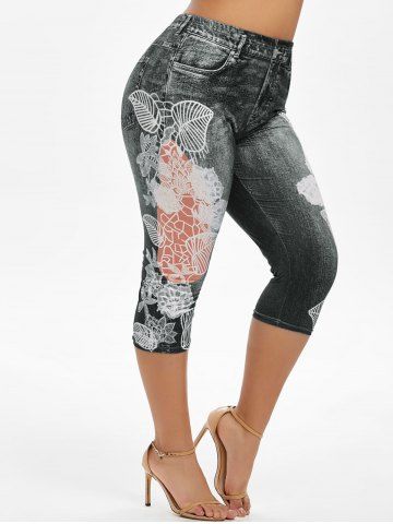 

Plus Size Flower Leaf 3D Print Capri Jeggings, Black