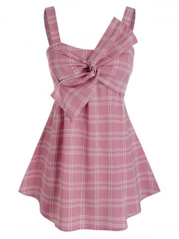 Plus Size Twisted Bowknot Plaid Backless Tunic Tank Top - PINK - 1X