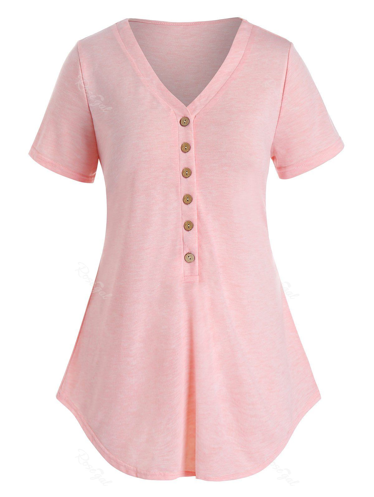 

Plus Size Half Button Heathered Curved T Shirt, Pig pink