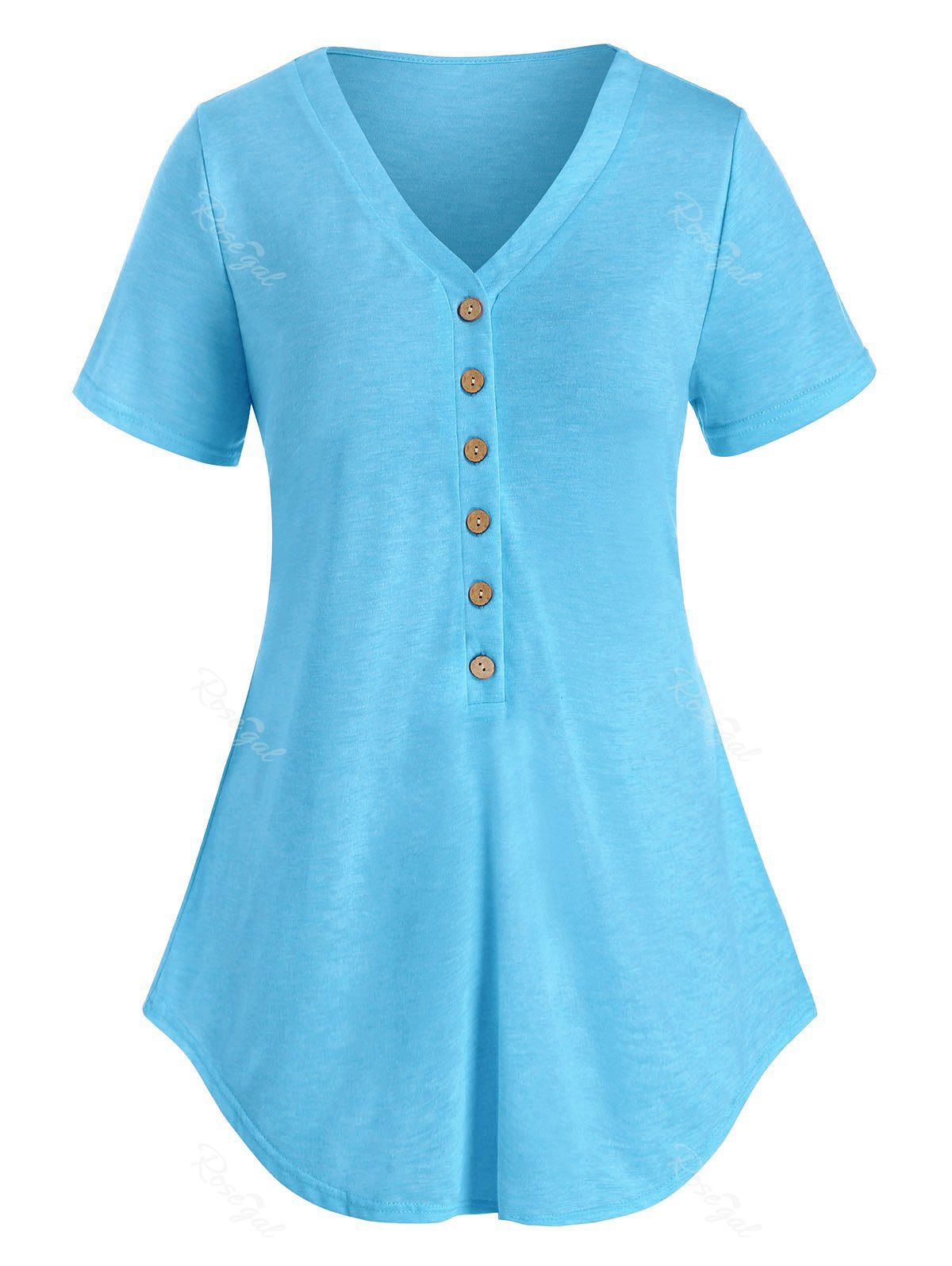

Plus Size Half Button Heathered Curved T Shirt, Day sky blue