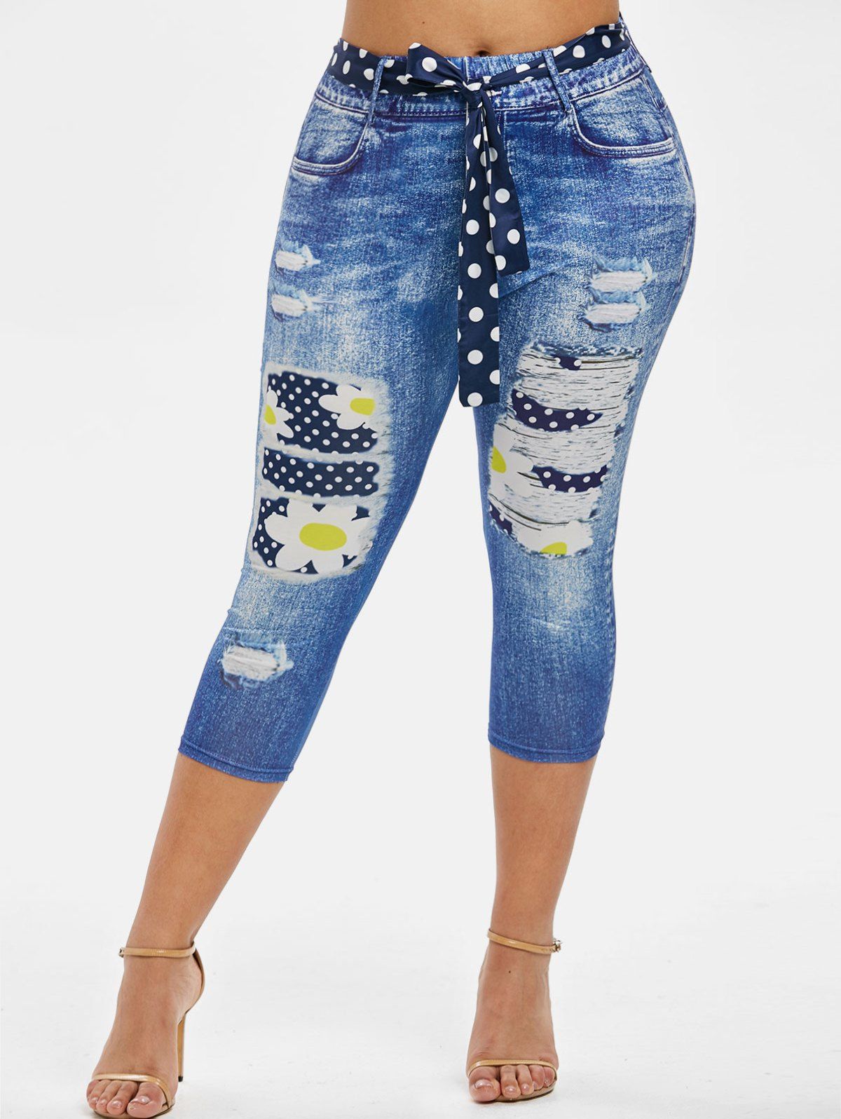 

3D Print Dotted Daisy Belted Plus Size Capri Jeggings, Blue