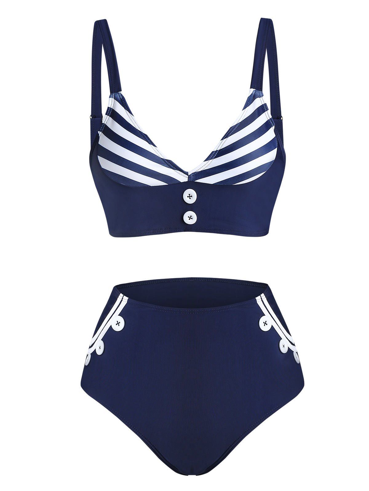 

Striped Print Mock Button Padded Tankini Swimwear, Deep blue