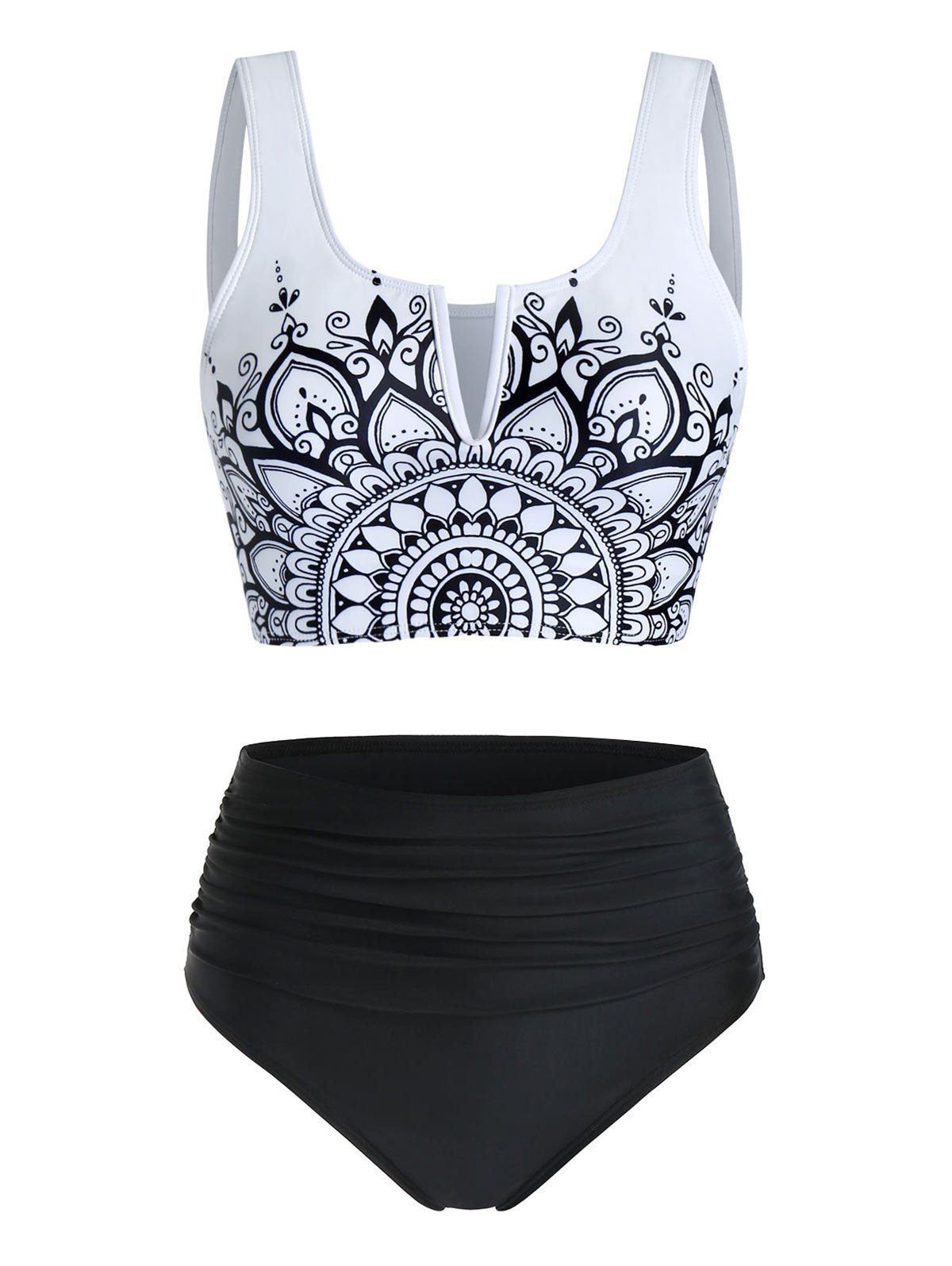 

Flower Print V Notched Padded Tankini Swimwear, Black