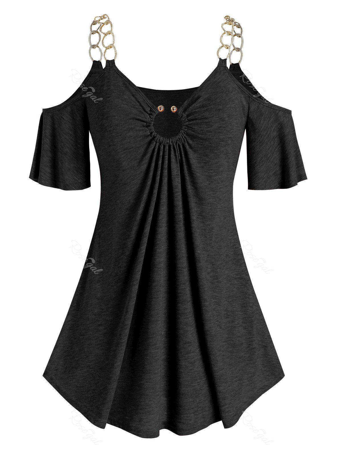 

Plus Size O Ring Open Shoulder Chains T Shirt, Black