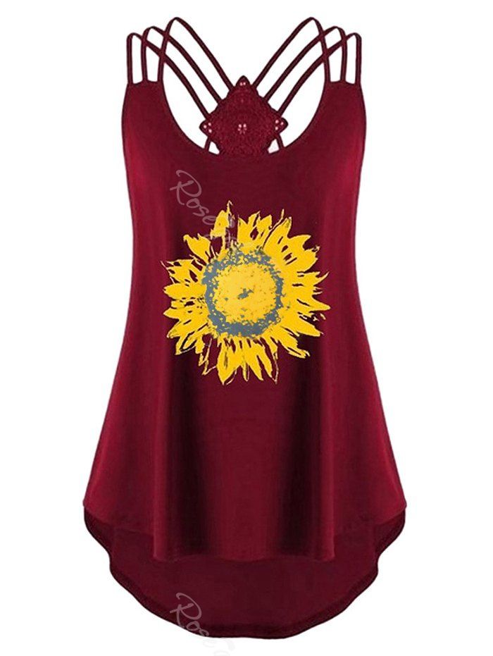 

Plus Size High Low Strappy Sunflower Print Tank Top, Red