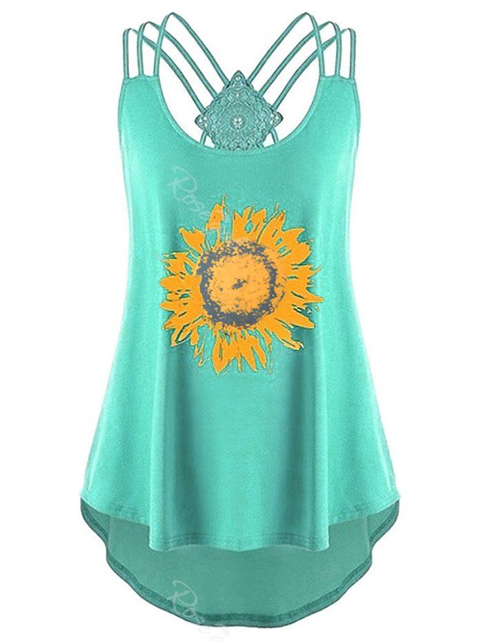 

Plus Size High Low Strappy Sunflower Print Tank Top, Green