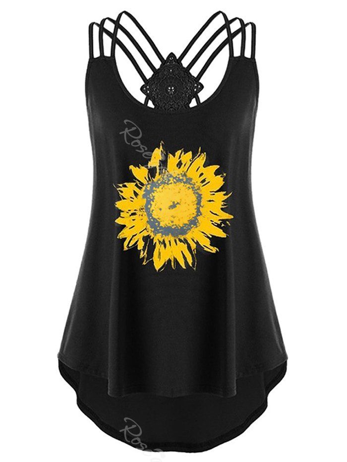 

Plus Size High Low Strappy Sunflower Print Tank Top, Black