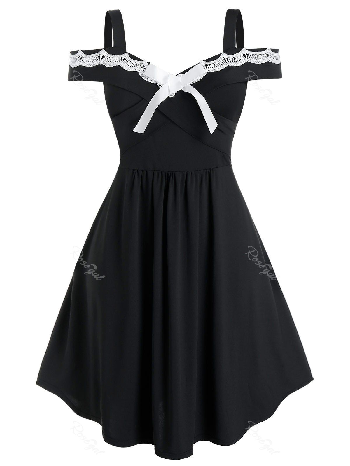 

Plus Size Bowknot Cold Shoulder Guipure Lace Dress, Black
