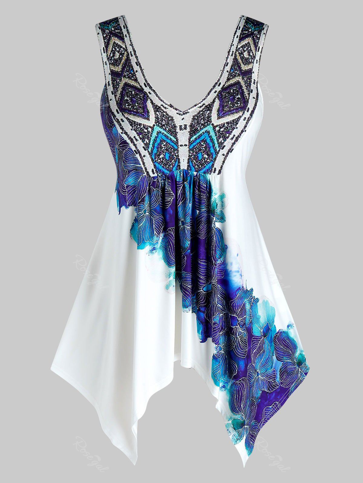 

Plus Size Handkerchief Printed Plunging Neck Tank Top, White