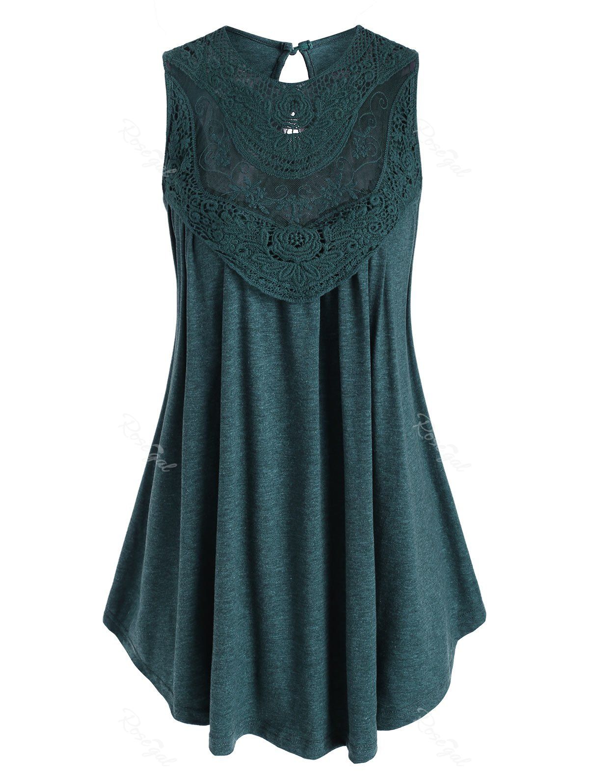 

Heathered Keyhole Crochet Lace Panel Plus Size Tank Top, Deep green