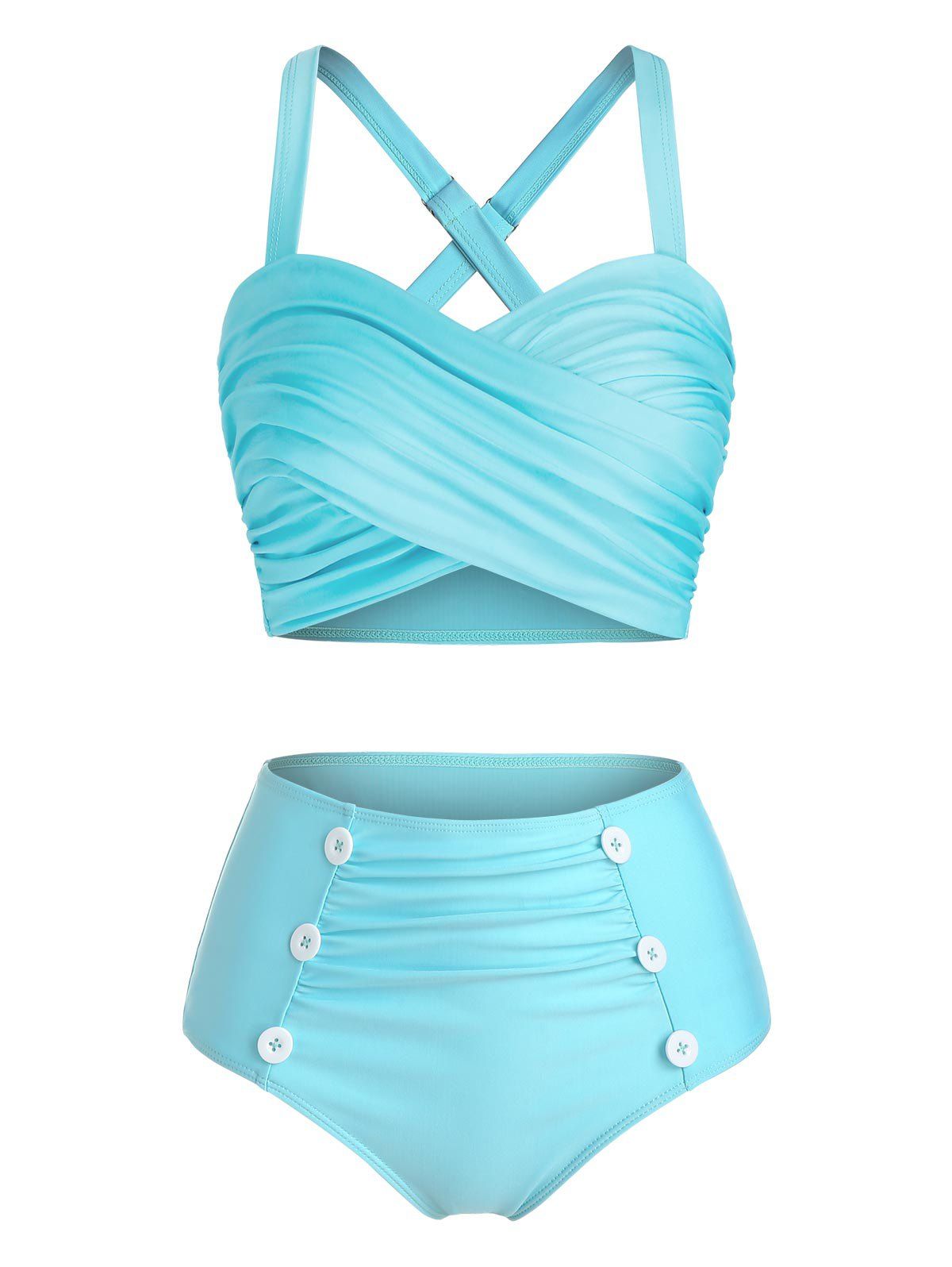 

Mock Button Crisscross High Waist Tankini Swimwear, Light blue