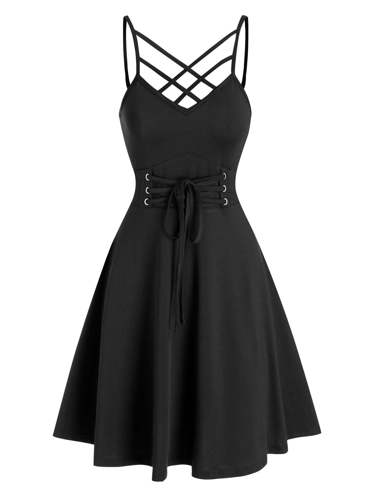 

Strappy Tie Waist Cami A Line Dress, Black
