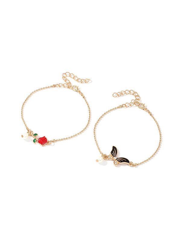 

2Pcs Faux Pearl Rose Butterfly Bracelet Set, Gold