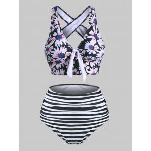 

Striped Flower Tied High Waisted Criss Cross Tankini Swimwear, Black