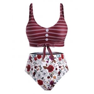 

Buttoned Tie Hem Stripes Floral Plus Size Tankini Swimwear, Red