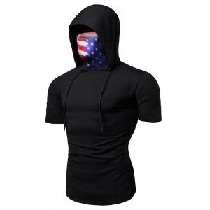 

American Flag Mask Hooded Drawstring Short Sleeve T-shirt, Black