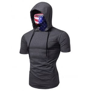 

American Flag Mask Hooded Drawstring Short Sleeve T-shirt, Gray