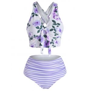 

Floral Striped Knot Crisscross Tankini Swimwear, Light purple