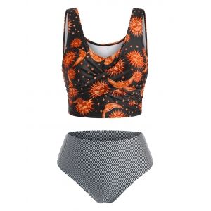 

Plus Size Stripe Sun Moon Print Tankini Swimwear, Black