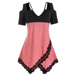 

Plus Size Cold Shoulder Eyelash Lace Cutout T Shirt, Light pink