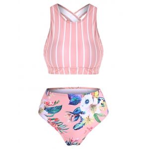 

Striped Crisscross Back Floral Tankini Swimwear, Light pink