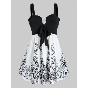 

Plus Size Knotted Flower Butterfly Backless Tunic Tank Top, Black