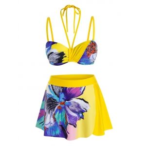 

Plus Size Flower Underwire Push Up Skirted Bikini Swimwear, Yellow