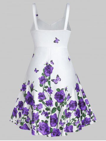 Rose Flower Print High Waist A Line Dress