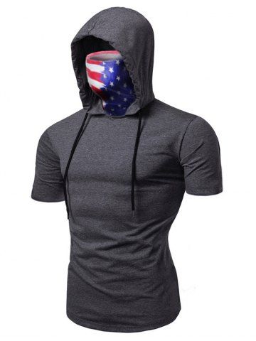 American Flag Mask Hooded Drawstring Short Sleeve T-shirt - GRAY - 3XL