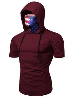 American Flag Mask Hooded Drawstring Short Sleeve T-shirt - DEEP RED - 3XL