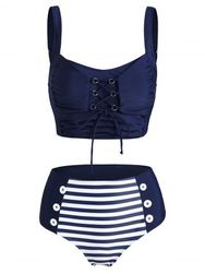 Lace Up Striped High Waisted Tankini Swimwear - DEEP BLUE