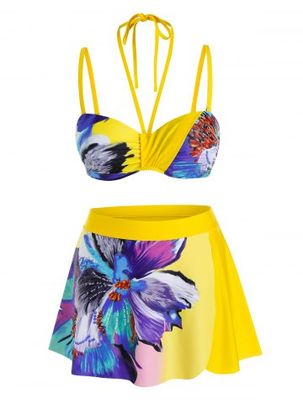 Plus Size Flower Underwire Push Up Skirted Bikini Swimwear