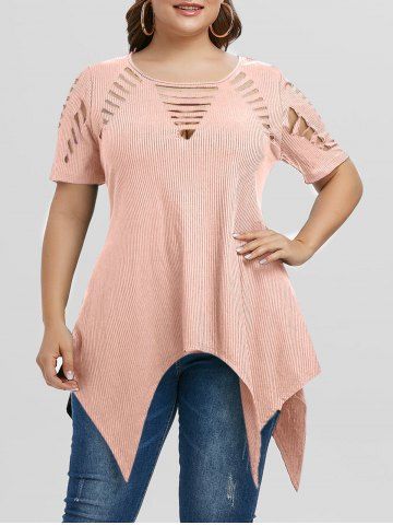 Plus Size Asymmetric Ripped Cutout Ribbed Handkerchief Tee - PINK - 1X