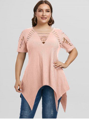 Plus Size Asymmetric Ripped Cutout Ribbed Handkerchief Tee