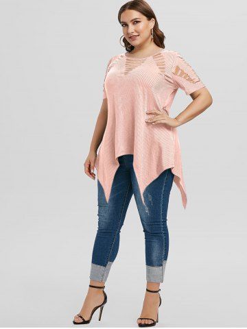 Plus Size Asymmetric Ripped Cutout Ribbed Handkerchief Tee