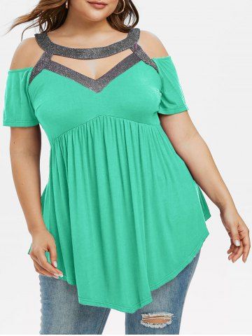 Sparkly Cut Out Cold Shoulder Plus Size Top - GREEN - 1X