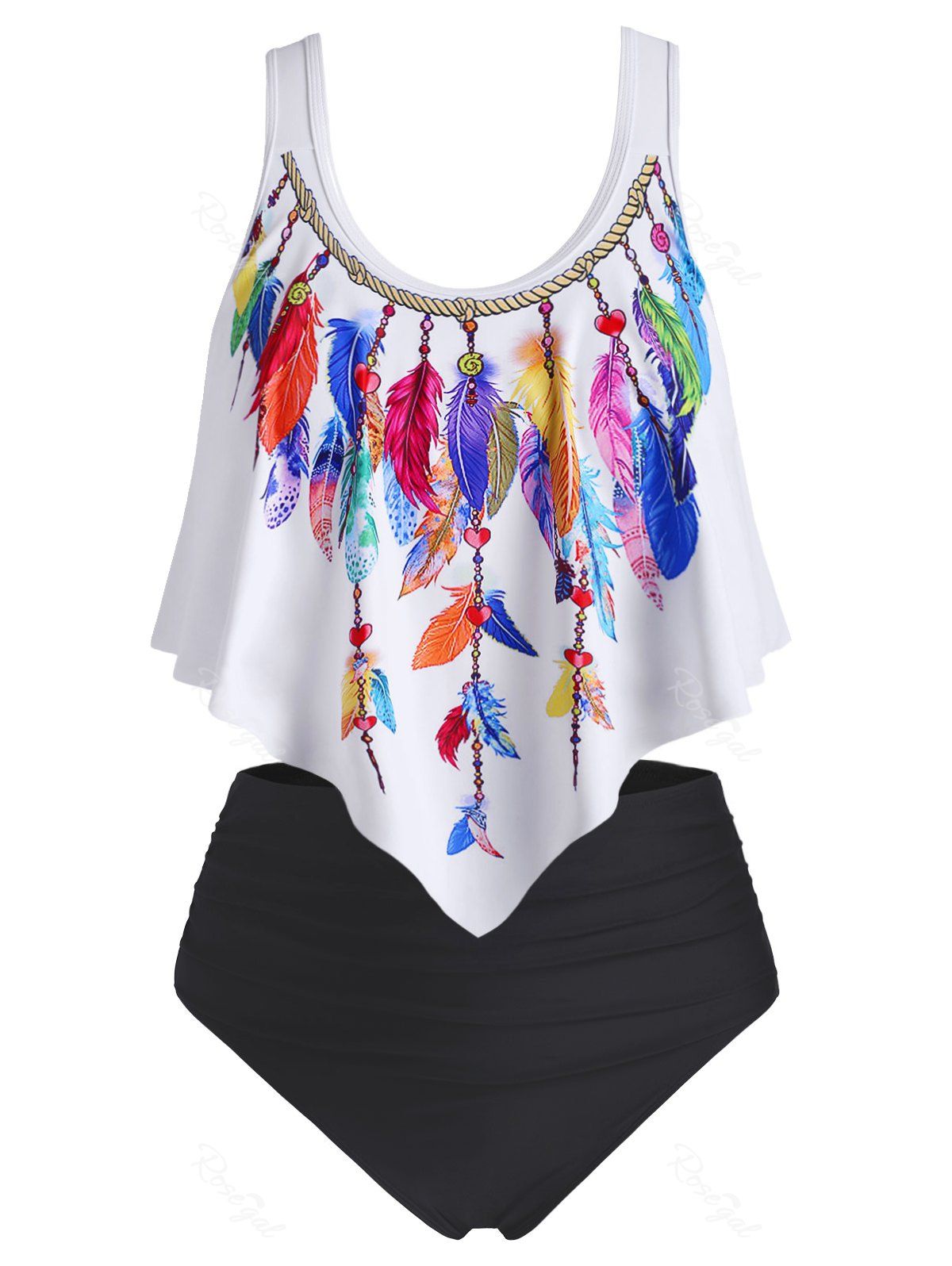 

Plus Size Overlay Feather Print Tankini Swimwear, White