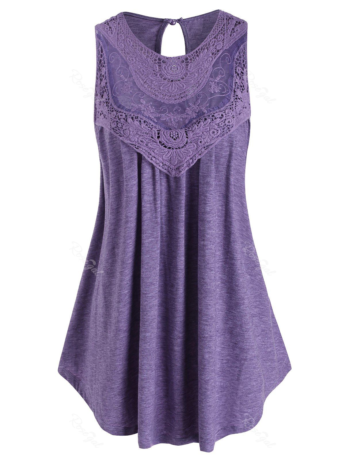 

Heathered Keyhole Crochet Lace Panel Plus Size Tank Top, Purple
