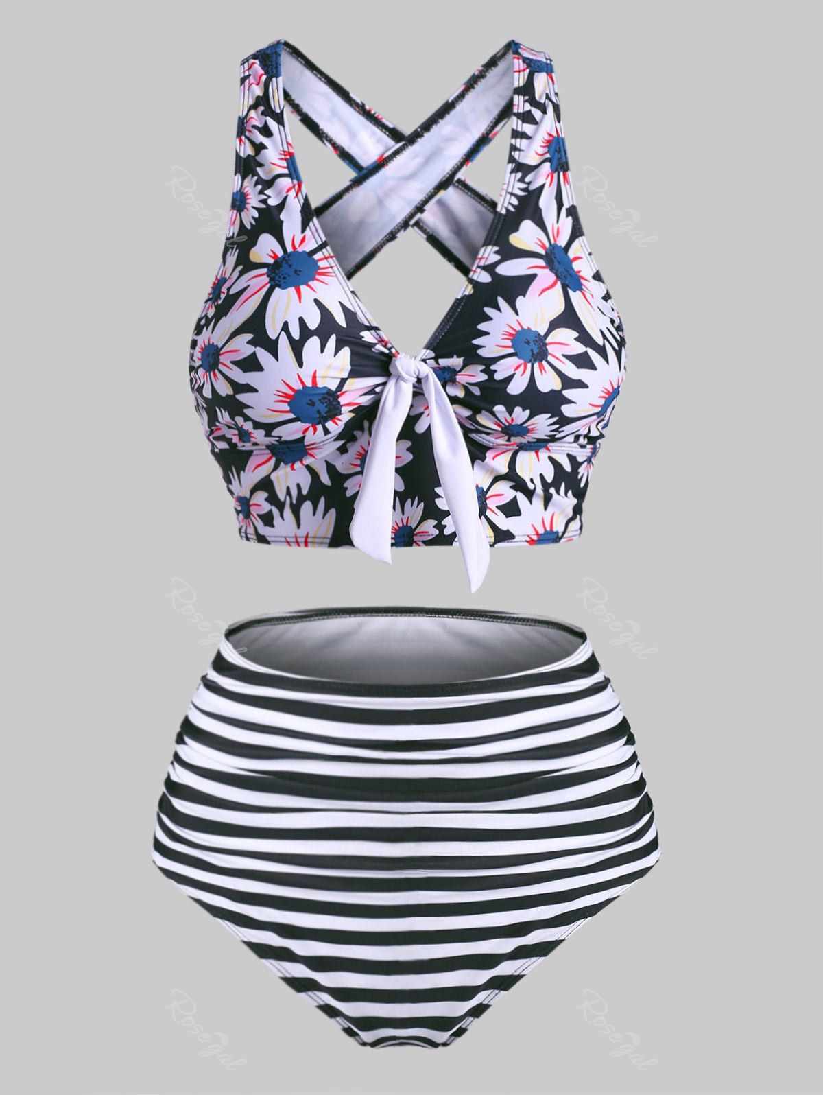 

Striped Flower Tied High Waisted Criss Cross Tankini Swimwear, Black