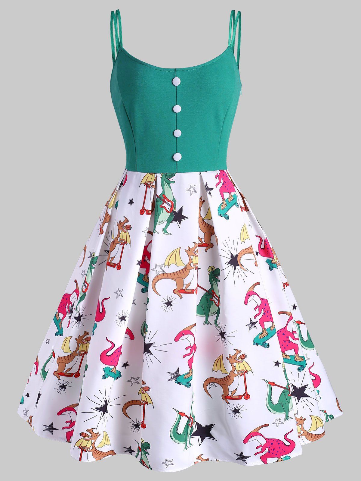 

Dinosaur Print Button Embellished High Waisted Dress, Green