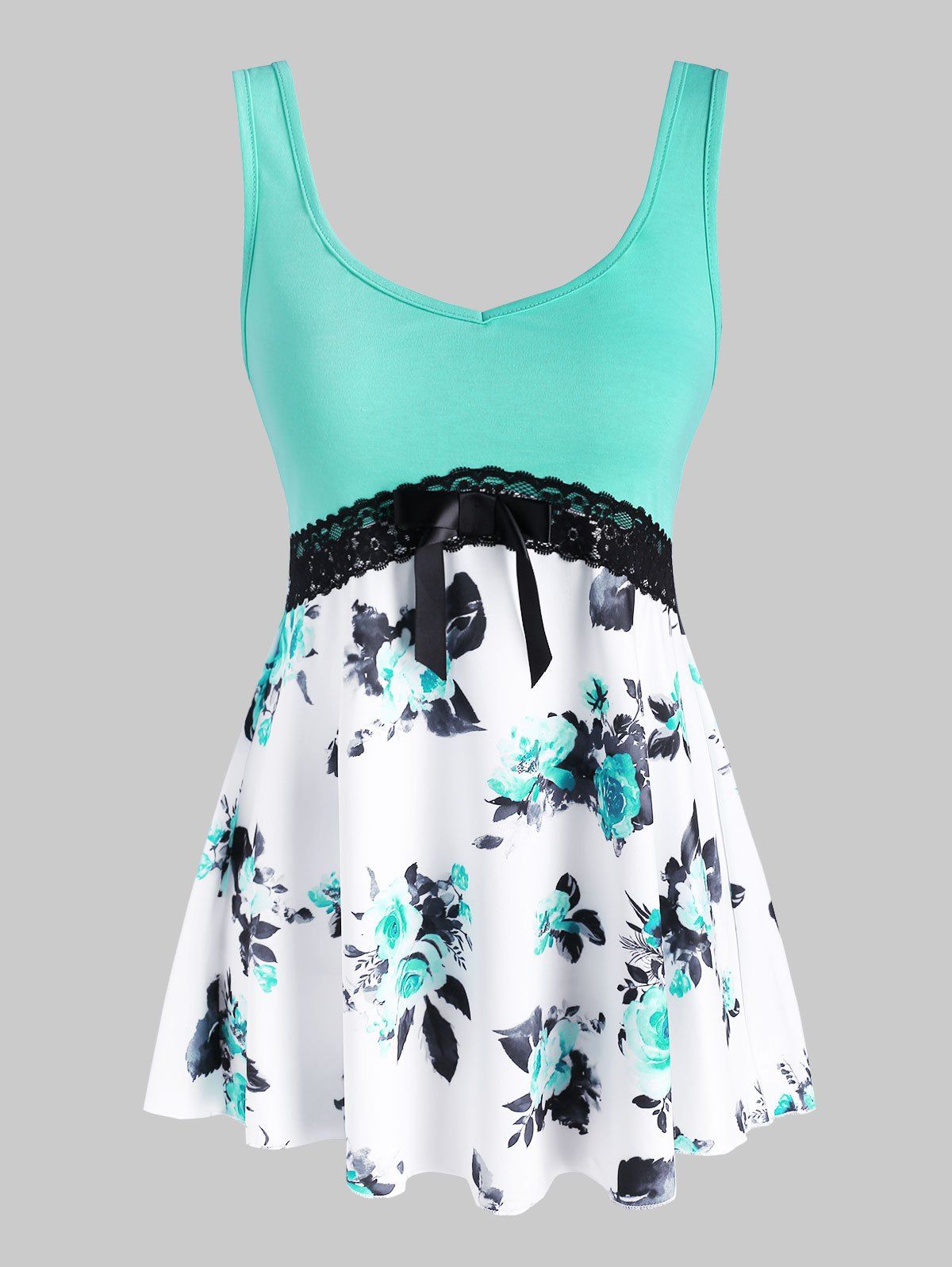 

Floral Print Lace Panel Bowknot Tank Top, Light green