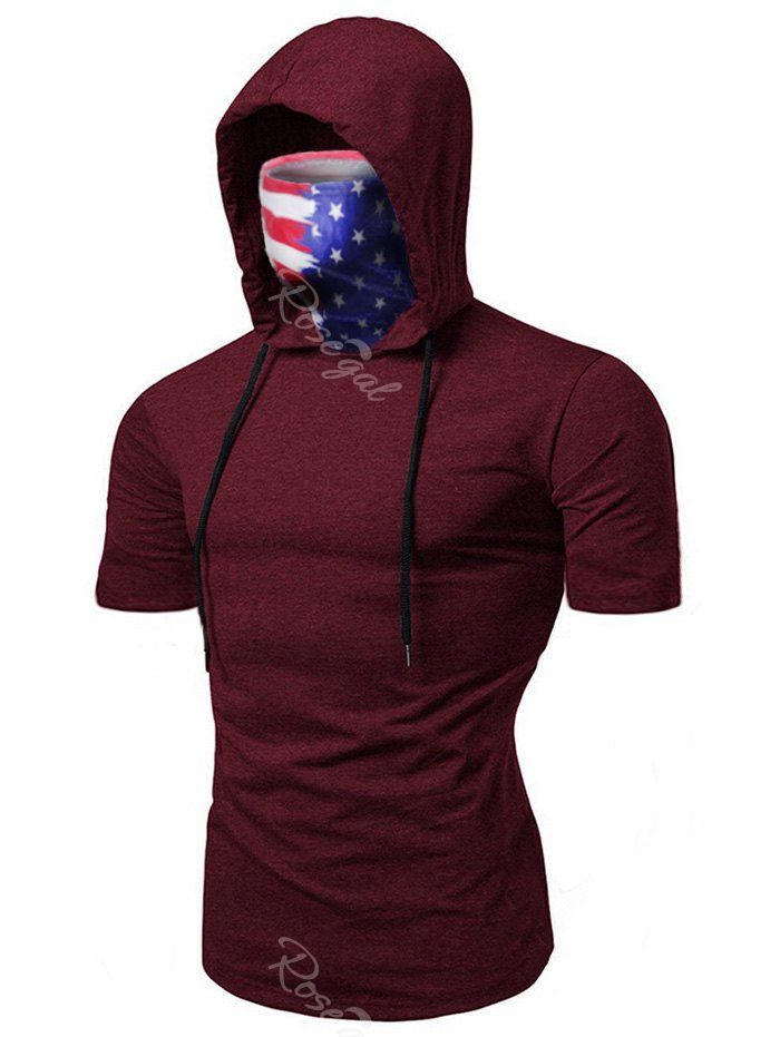 

American Flag Mask Hooded Drawstring Short Sleeve T-shirt, Deep red