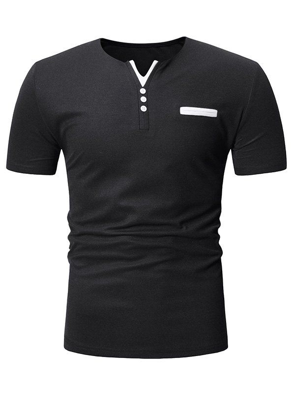 

Contrast V-neck Half Button T-shirt, Black