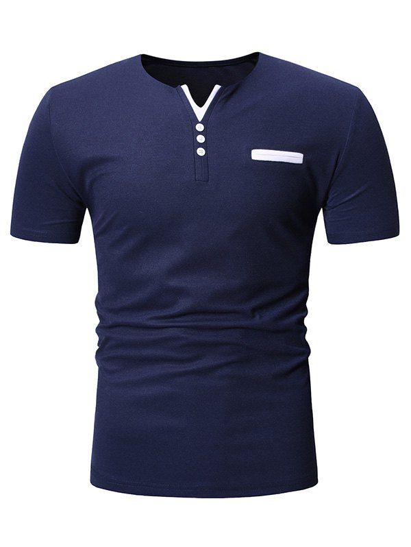 

Contrast V-neck Half Button T-shirt, Deep blue