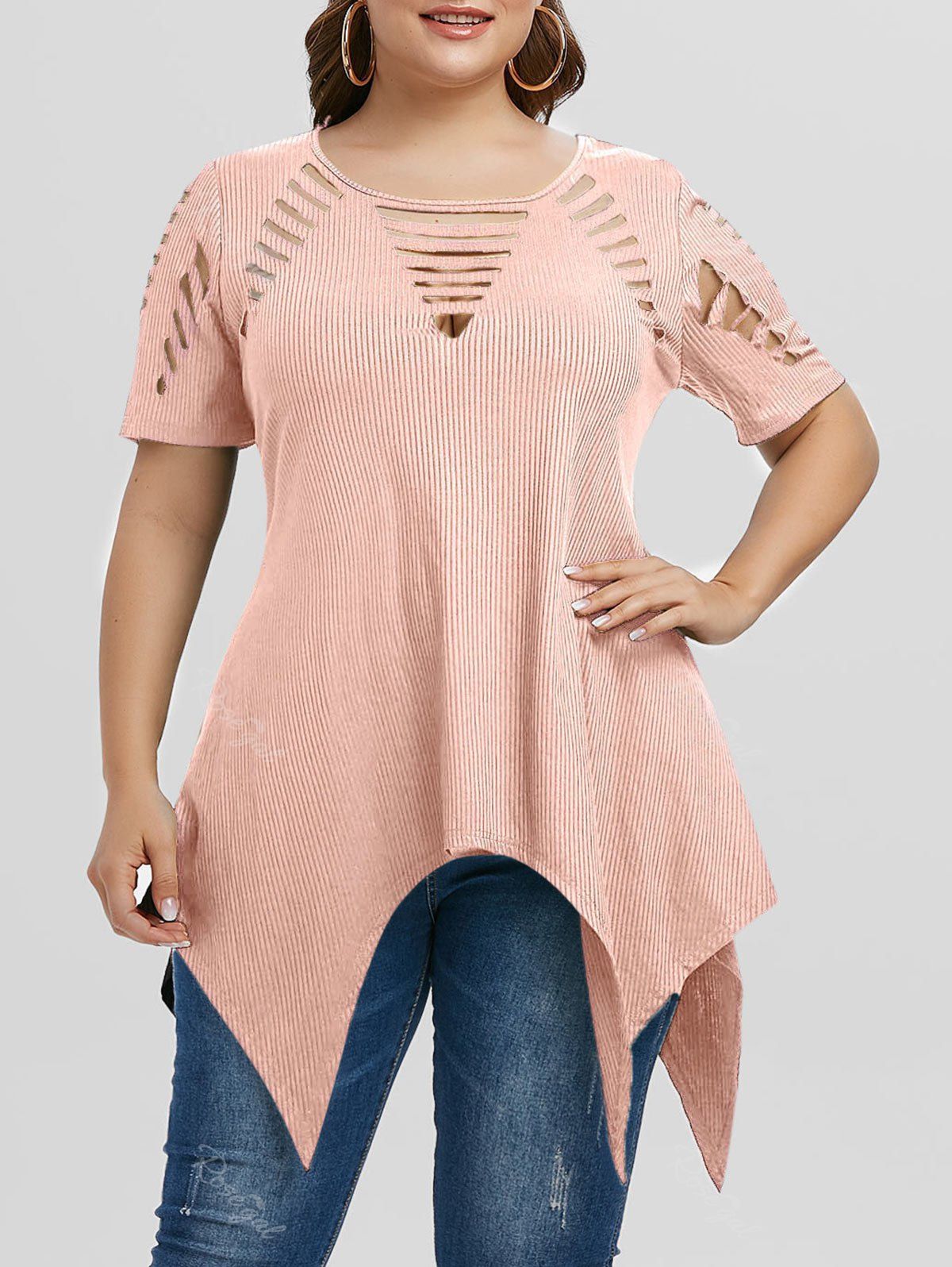 T-Shirt Mouchoir Côtelé Asymétrique Déchiré avec Découpes Grande-Taille Rose  L