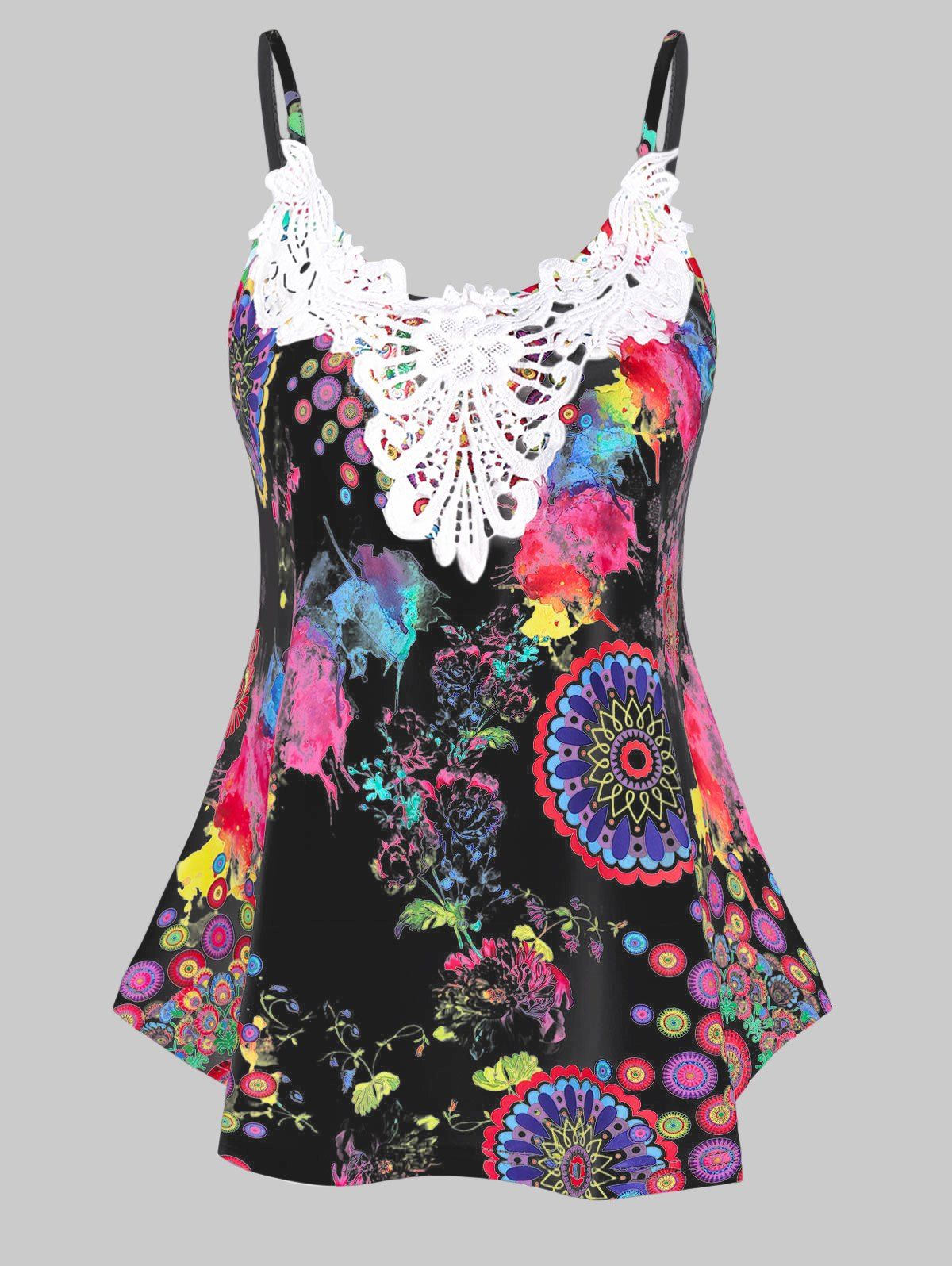 

Colorful Flower Print Lace Panel Cami Tank Top, Black