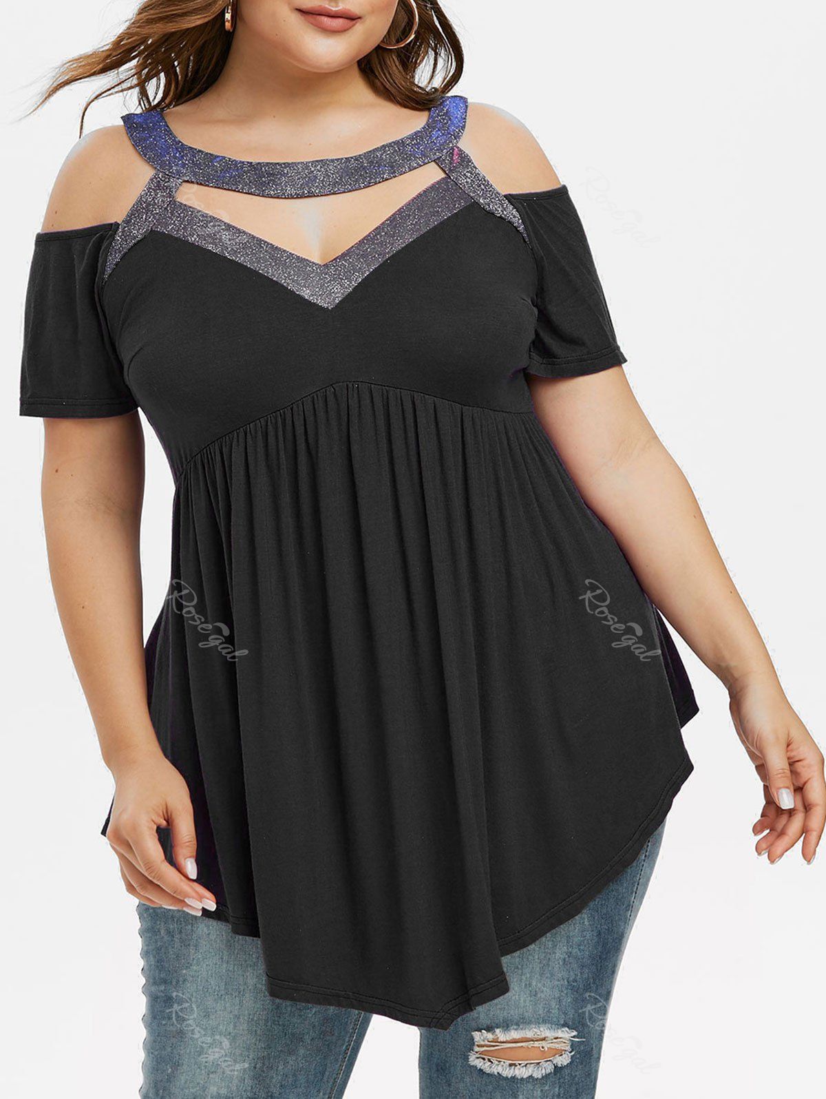 

Sparkly Cut Out Cold Shoulder Plus Size Top, Black