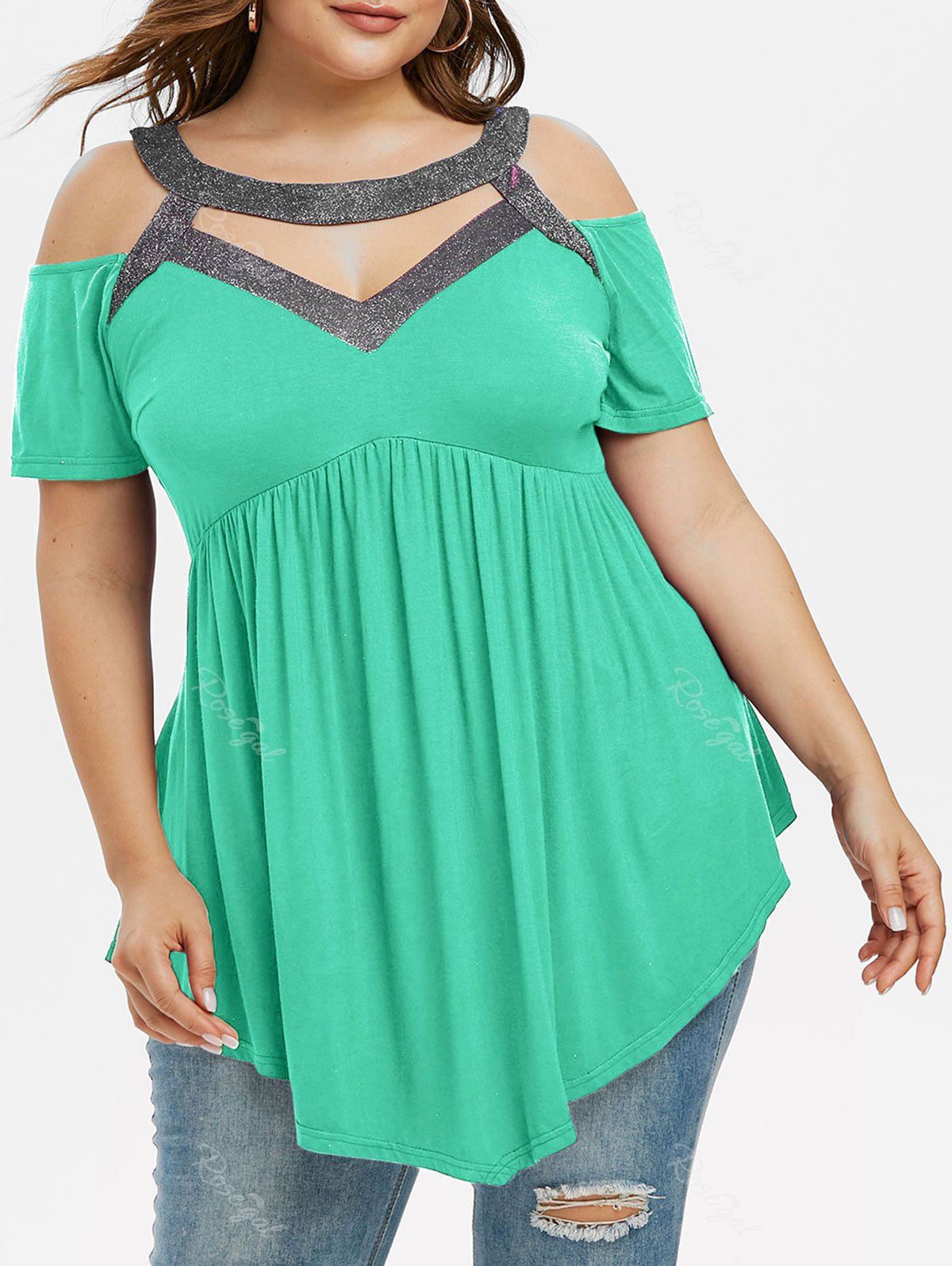 

Sparkly Cut Out Cold Shoulder Plus Size Top, Green