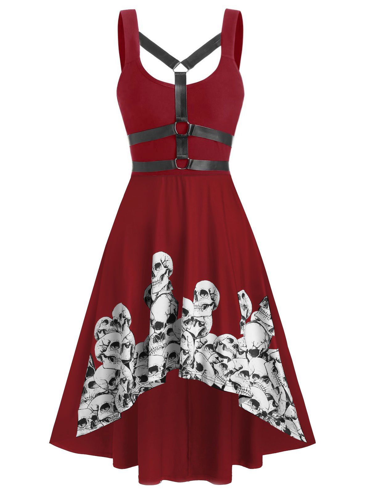 

Skull Print Harness Insert Sleeveless Gothic Dress, Deep red