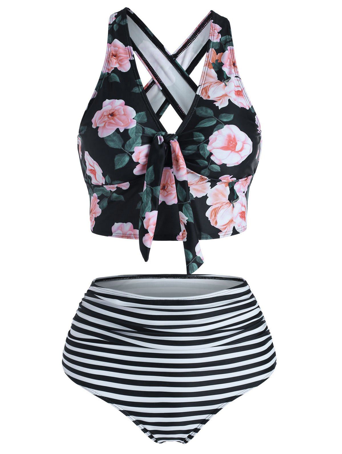 

Floral Striped Knot Crisscross Tankini Swimwear, Black